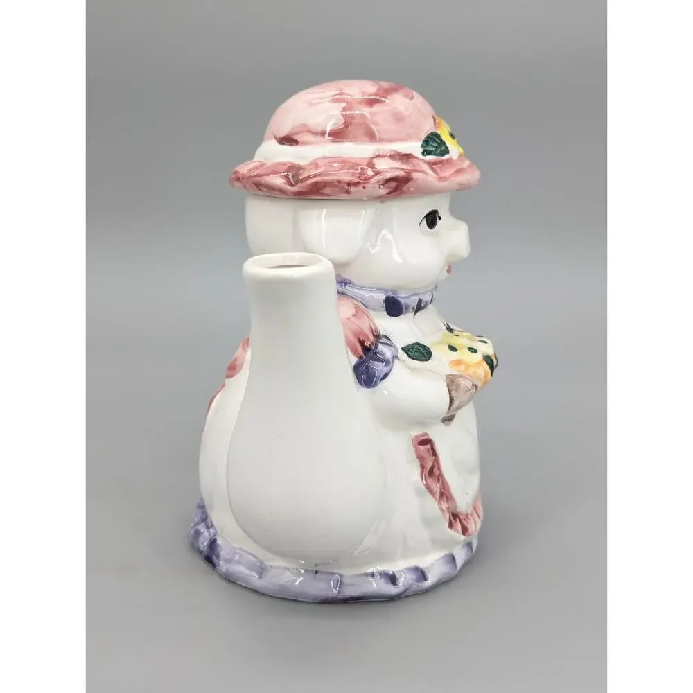 Anthropomorphic Ceramic Painted Pig & Flowers Tea Pot 6.5